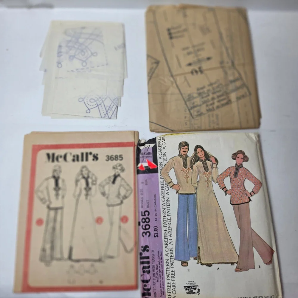 Vtg 1970s McCalls 3685 Caftan Maxi Dress Mens Shirt Pattern Lost Horizon Boho